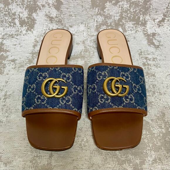 Gucci Jolie Double G Denim Logo & Cognac Leather Slides - Picture 8 of 13